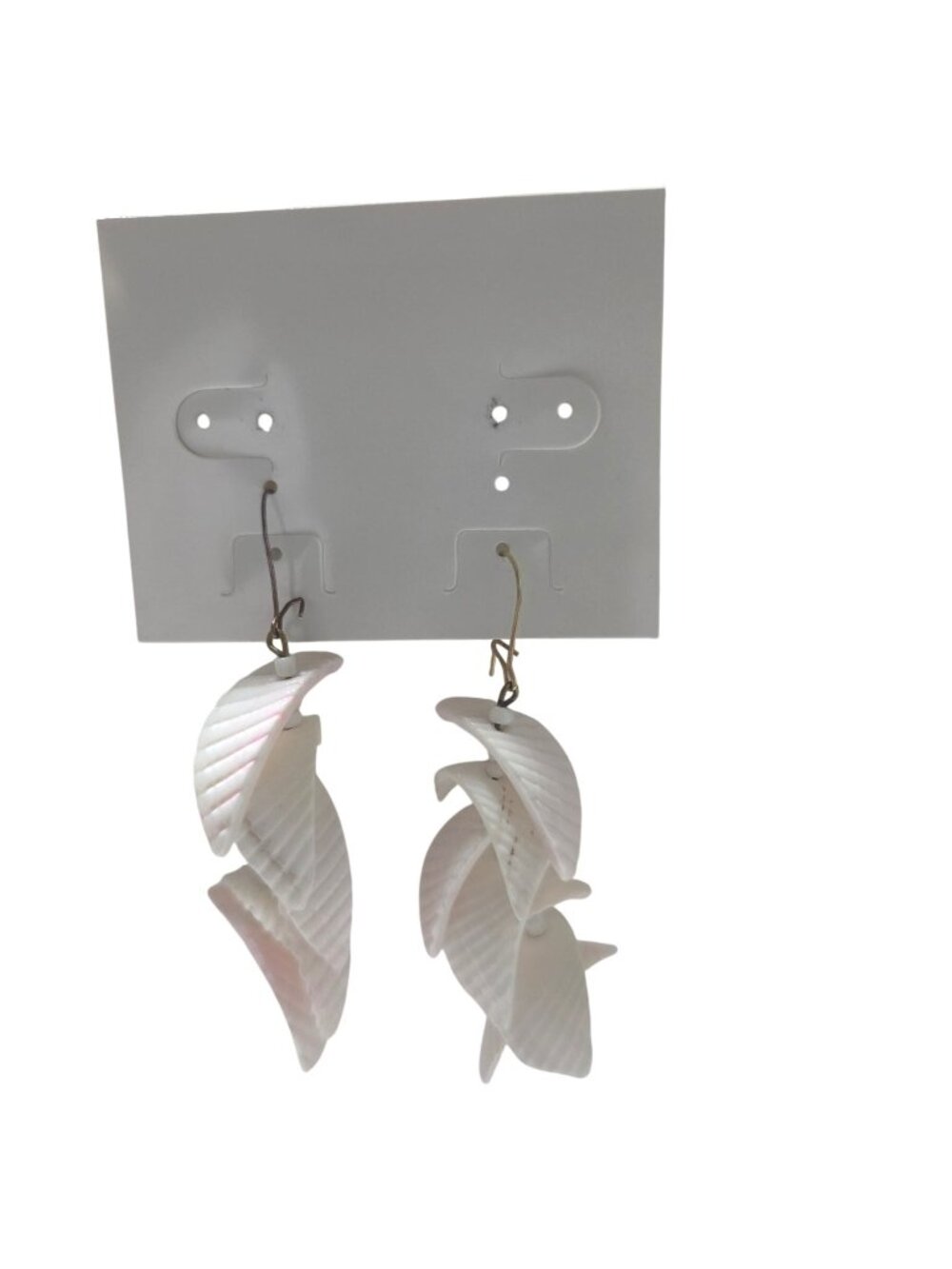 White Shell Dangle Earrings Textured Leaf Design Beachy Vacation Summer Jewelry